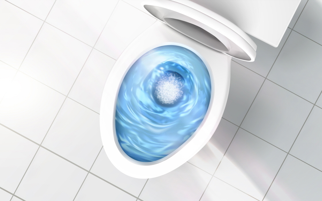 Top view of toilet bowl blue detergent flushing in it 3d illustration
